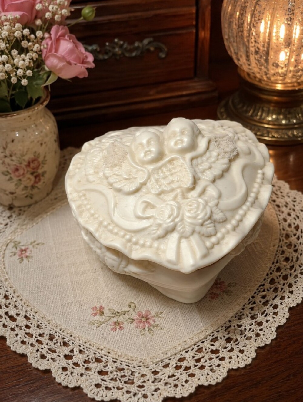 Cherub  Angel Trinket Box White Heart Shape Porcelain Removal Lid
